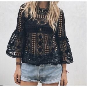 Anthropologie Ellison Crochet Black Lace Bell Sleeve Boho L Sheer Whimsy Goth